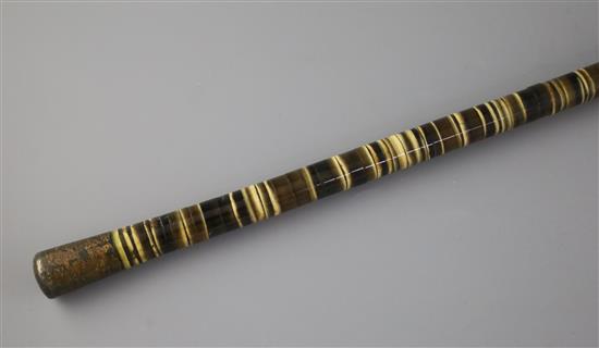 A 18th century baleen agate banded walking cane, 32in.